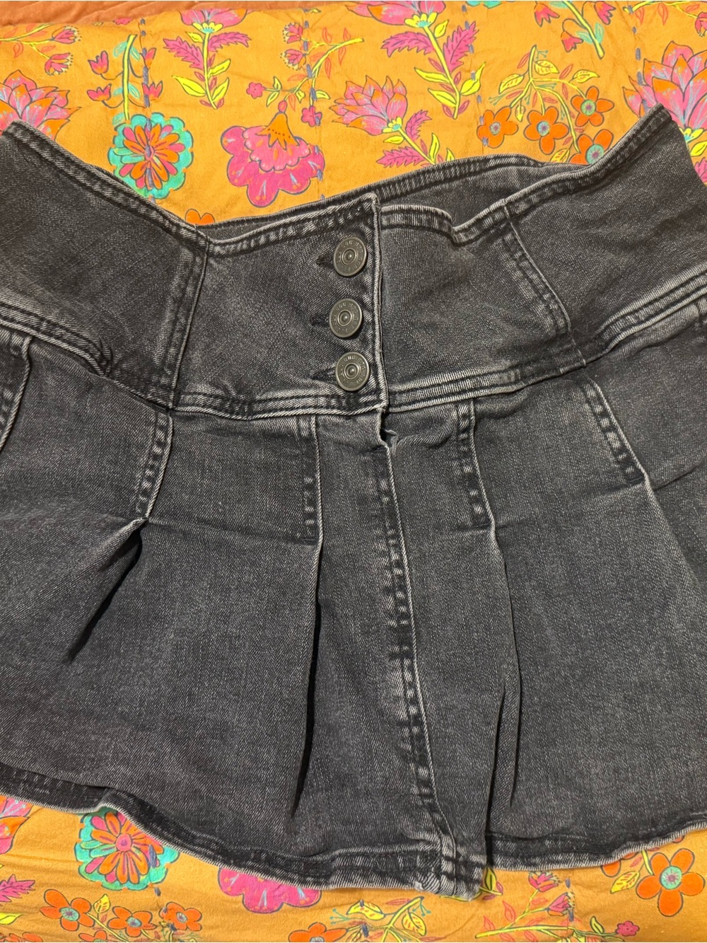 BDG Black Washed Pleated Denim Skirt with Triple-Button Waist
